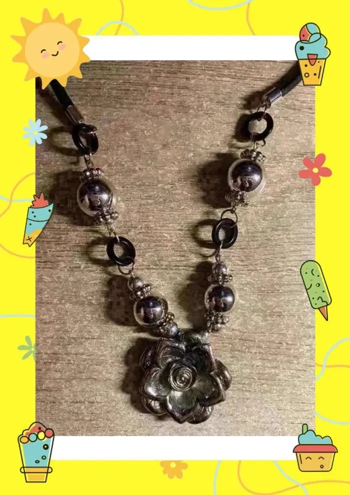 Collier noir argenté rose - photo numéro 2