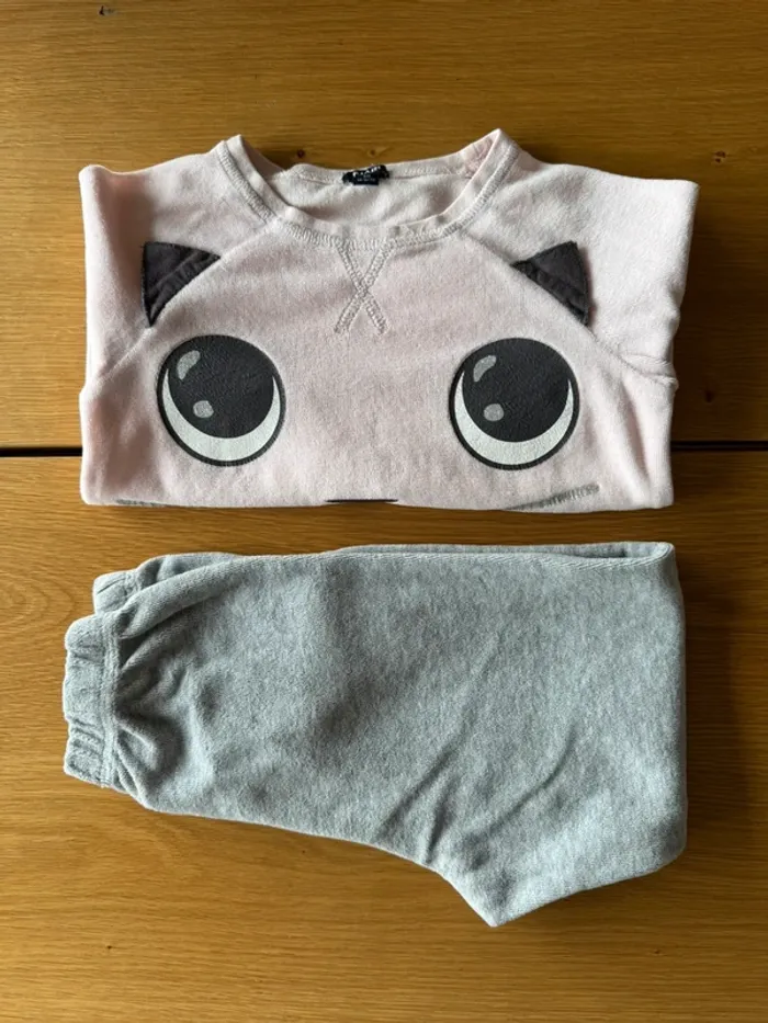 Pyjama 2 pièces en velours à ML haut rose pâle et tête de chat, bas gris - Taille 4 Ans - photo numéro 11