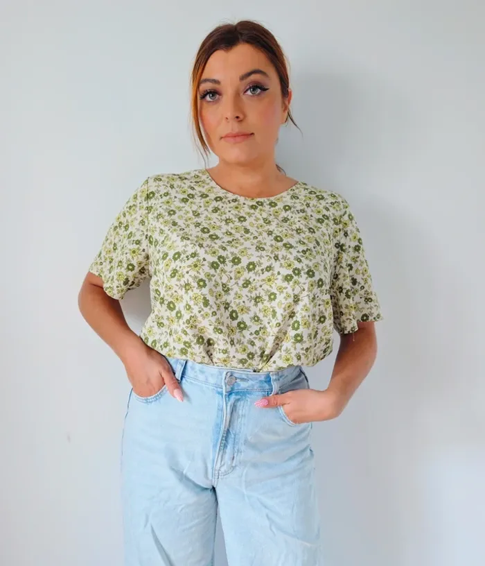 T-shirt oversize ample fluide vintage rétro vert fleuri taille 40 - photo numéro 4