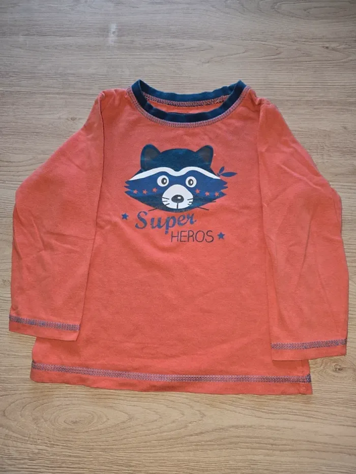 T-shirt manches longues orange garçon – motif raton laveur « Super Heros »