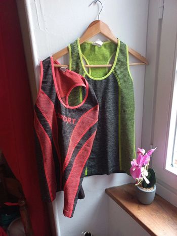 Lot 2  débardeurs fluo et gris, respirants femme TU 36 a 38
