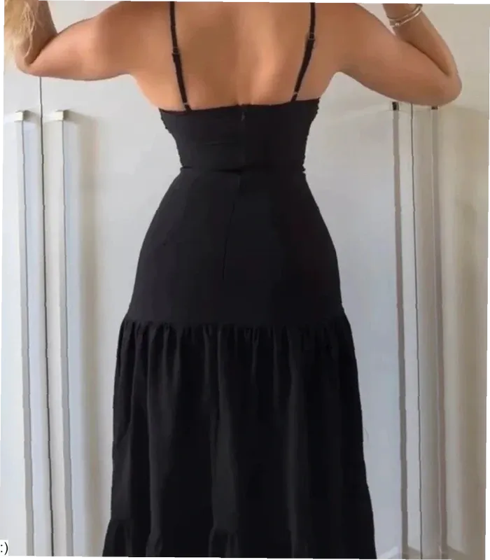 Robe longue noire femme été chic fluide neuve taille M soirée décolleté - photo numéro 3