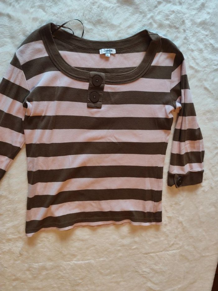 Maillot manche longue femme rayer rose marron marque zamba taille 2 - photo numéro 3