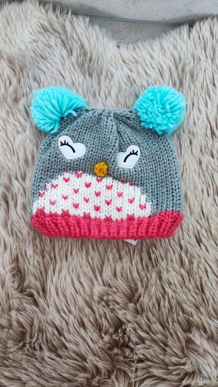 Bonnet fille hiver chouette 6/12 mois