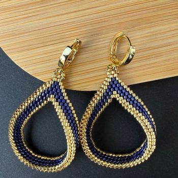 Boucles d'oreilles bleu marine et doré 6 cm Miyuki fait main