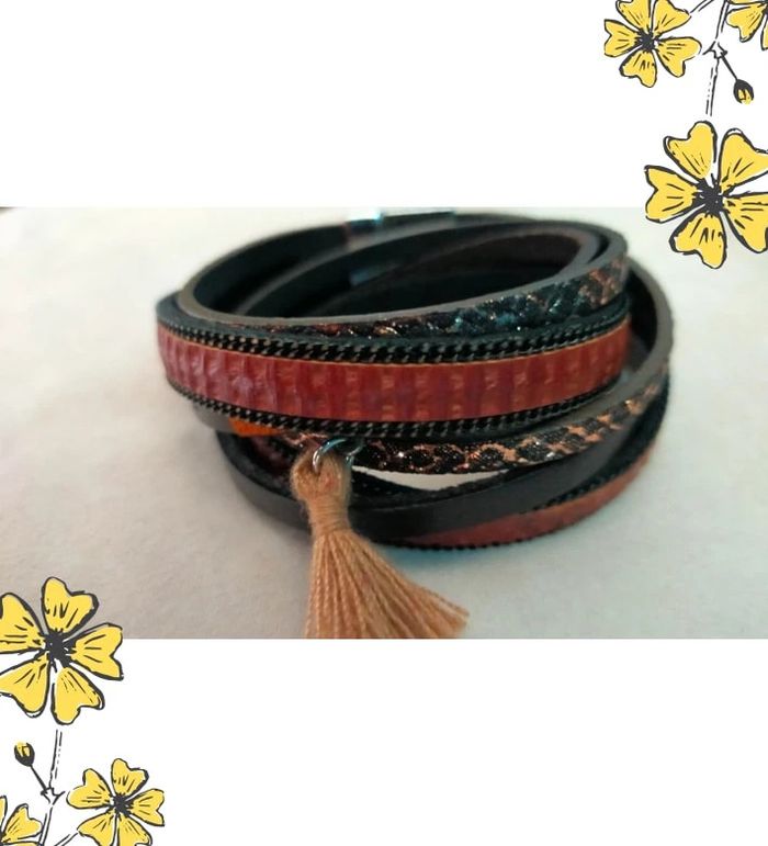 Bracelet multirangs fantaisie – Tons chauds & pampille beige - photo numéro 5