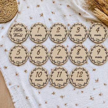 Cartes étapes bébé en bois – Disques mois bébé 1 à 12 mois – Accessoires photo naissance bohème