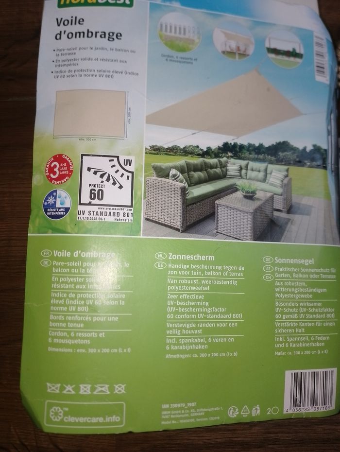 Voile, toile d'ombrage crème 2x3m