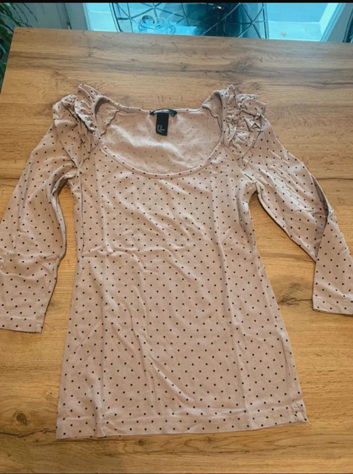 T-shirt femme rose à pois noirs taille 34 H&M