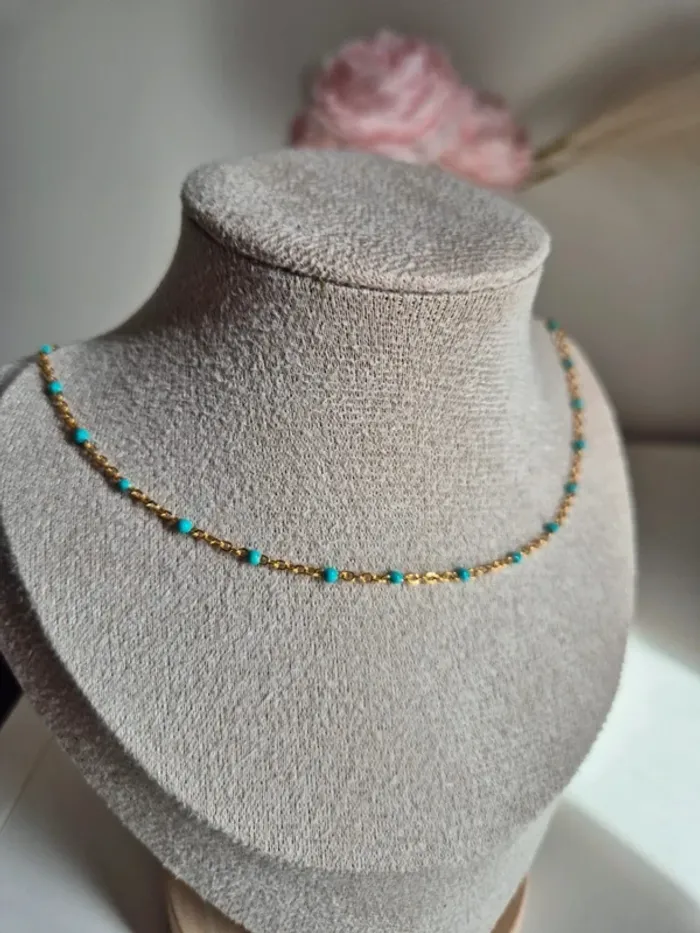 Collier ras du cou 41,5 cm En acier inoxydable perles turquoise - photo numéro 4