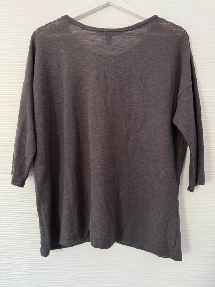 Haut t-shirt pull fin gris foncé anthracite écriture motifs à manches 3/4 col rond - photo numéro 5