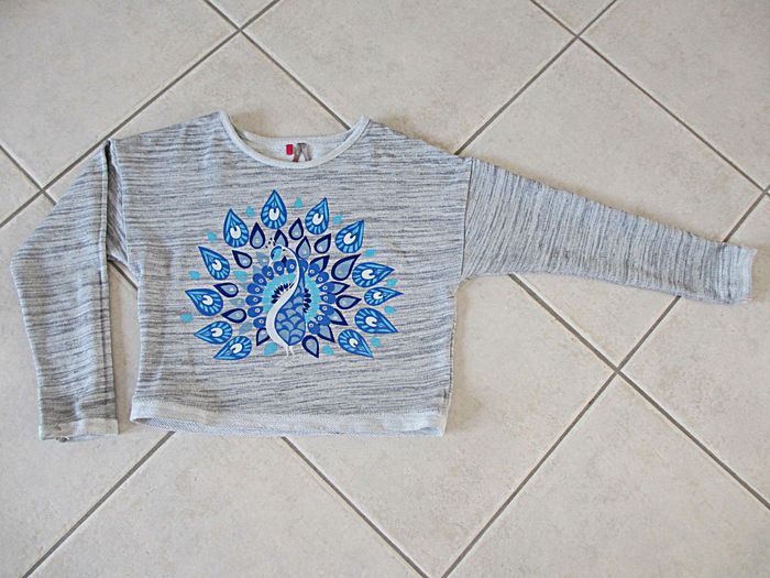 Sweat gris chiné avec motif paon fille Orchestra - 10 ans