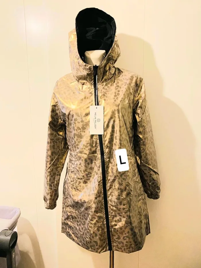 Manteau parka femme imperméable réversible long souple noire/doré léopard taille L - photo numéro 2