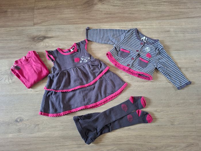 Ensemble 4 pièces gris/rose: robe+ gilet +collant +T shirt assortis Orchestra 9 mois - photo numéro 2
