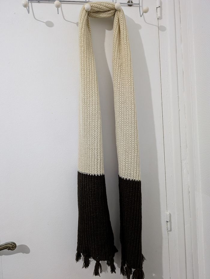 Écharpe  Épaisse Crochet Bicolore Écru/Marron Franges Hiver Chaud