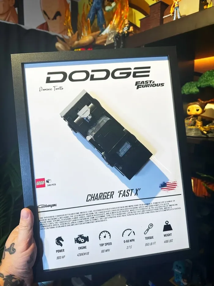 Cadre Lego Dodge Charger Fast X - format 30×40 cm (sans Lego)