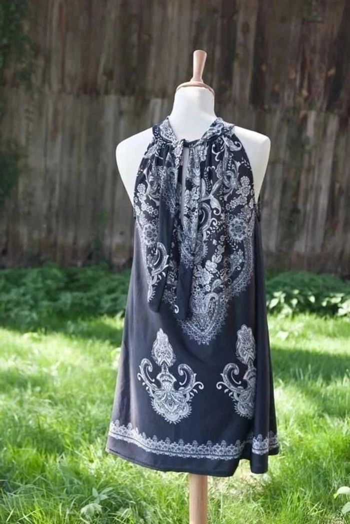 Robe fluide style etnique taille unique arabesque bleu gris