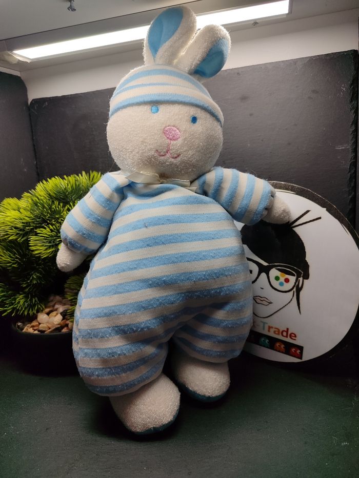 doudou peluche Lapin luminou 2001 bleu blanc rayé rayure Luminescent Ancien 310