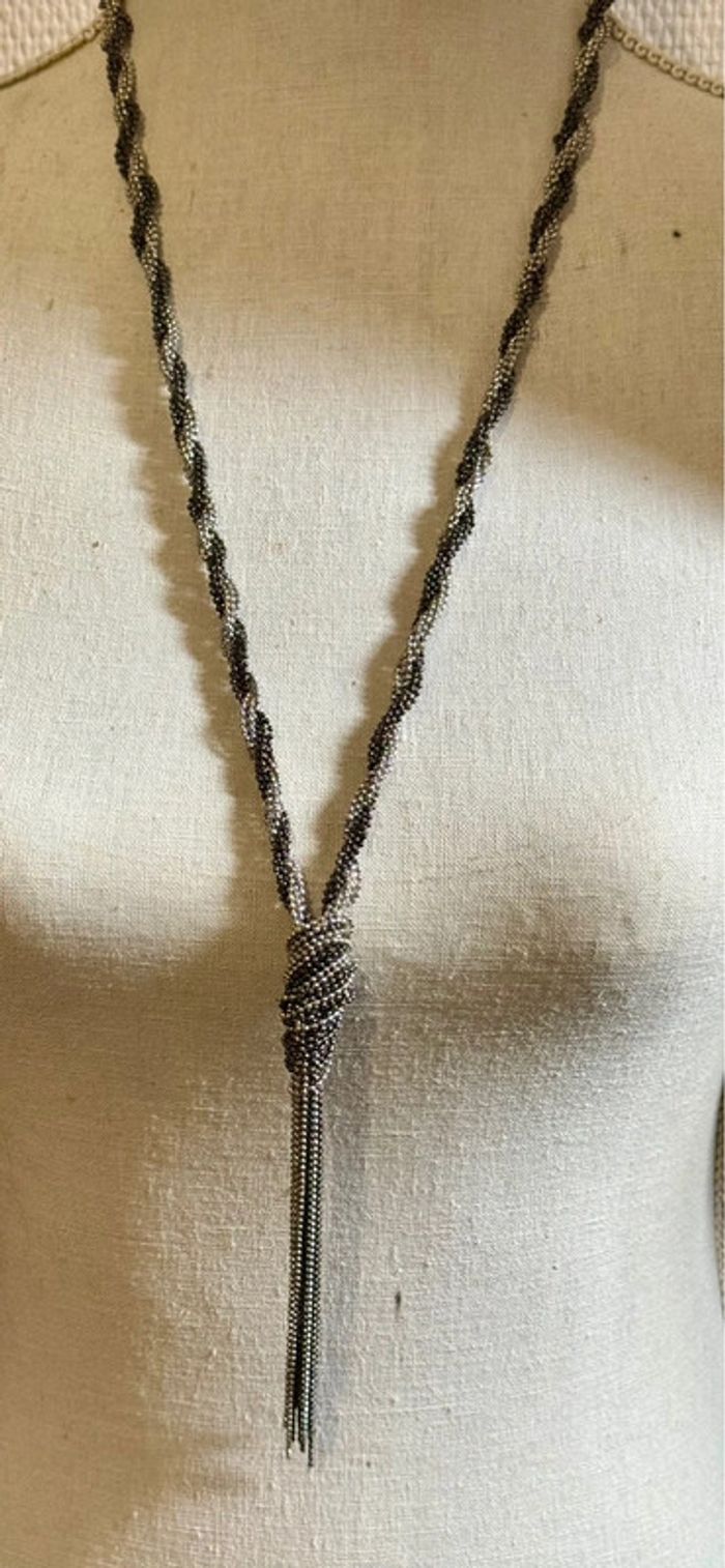 Collier sautoir chaînes éboulés tressées acier inoxydable argent et noir - photo numéro 6