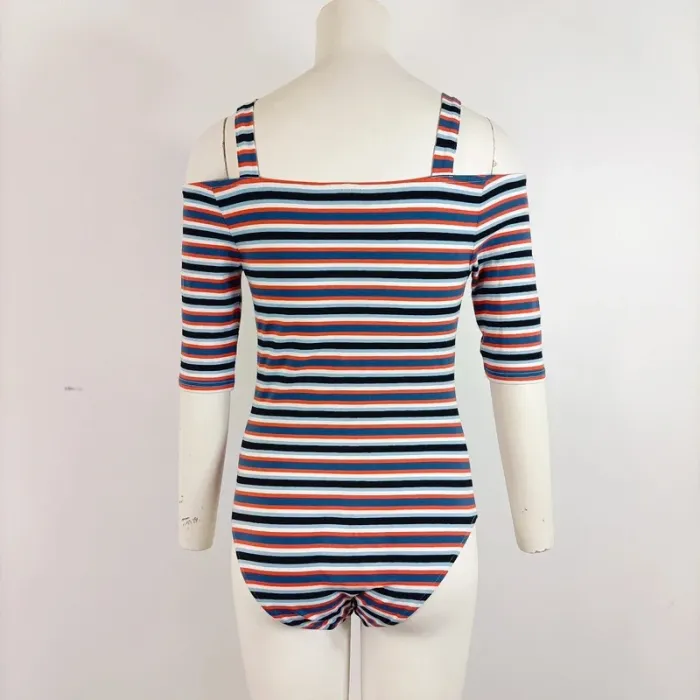 Body à rayures épaules dénudées multicolore bleu blanc orange style marin épaules nues taille S A551 - photo numéro 4