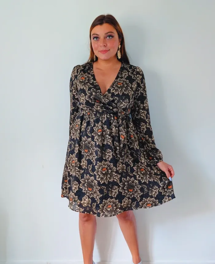 Robe mi-longue cache-cœur automnale noire beige fleurie casual chic Promod Taille 36 - photo numéro 5