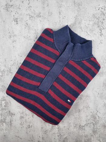 Pull à pressions Tommy Hilfiger rayé bordeaux & marine – Taille 3XL Homme (mesures en photos)