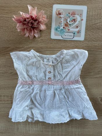 Chemise manches courtes dentelle blanc et rose TBE