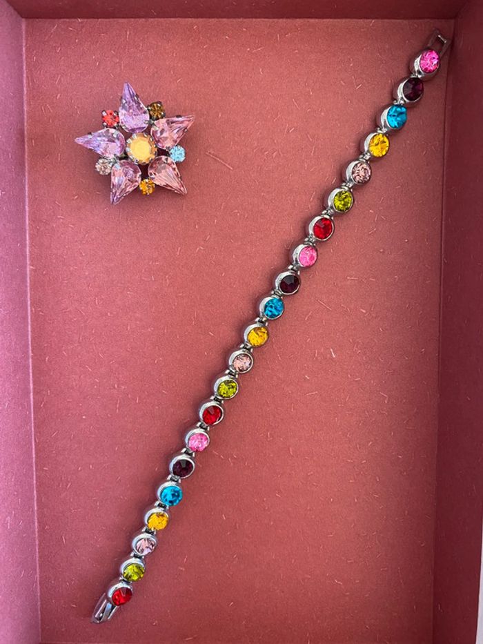 Parure bracelet et broche avec strass brillants multicolores - photo numéro 6