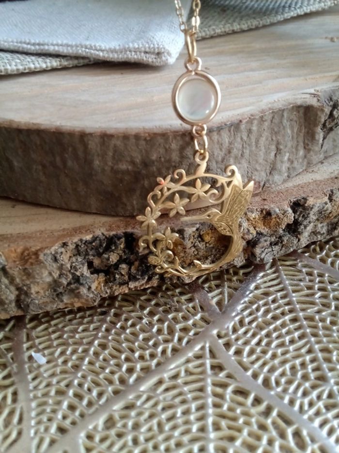 Collier pendentif colibri et connecteur en n'acre naturelle - photo numéro 2