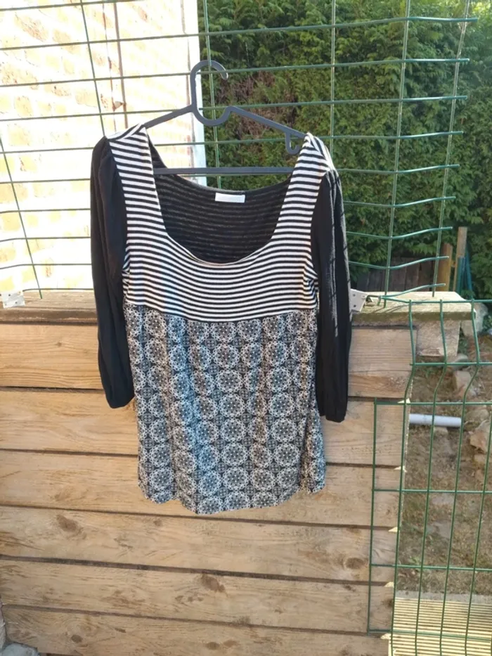 T shirt manches longues noir et blanc Promod