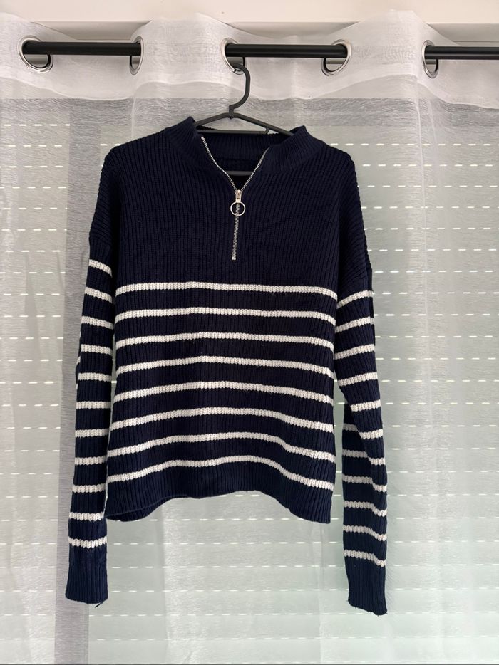 Pull marinière bleu foncé et blanc avec col zippé - Taille M - Neuf jamais porté