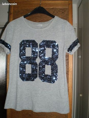 tee shirt gris clair paillettes marine t 38 PIMKIE