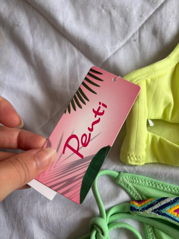 Ensemble set 2 maillots de bain bikini jaune fluo croisé vert taille XS/34 neuf - photo numéro 2