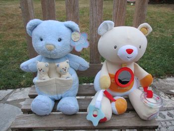 2 peluches doudou ours avec hochet et pouet