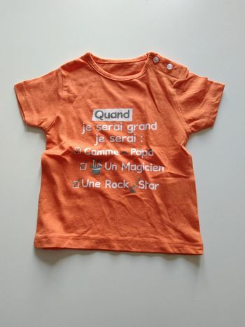 tee shirt orange "quand je serai grand" garcon 3 mois