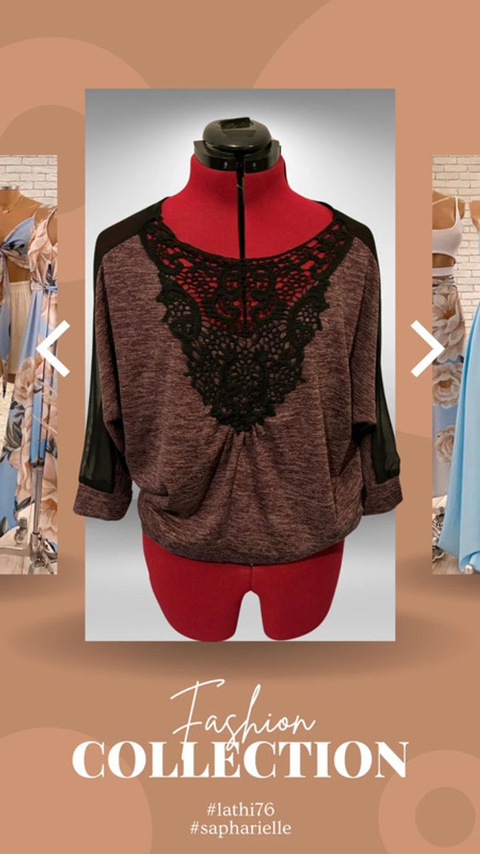 Blouse violine chinée  avec décolleté en dentelle