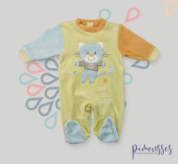 Pyjama dors-bien grenouillère velours jaune bleu gris orange chat Baby Club 3 mois 62 cm garçon