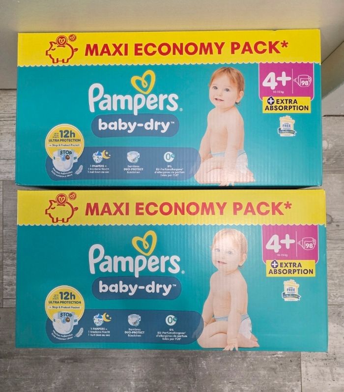🍼 Pampers Baby-Dry T4+ Lot de 2 × 98 couches (10–15 kg)