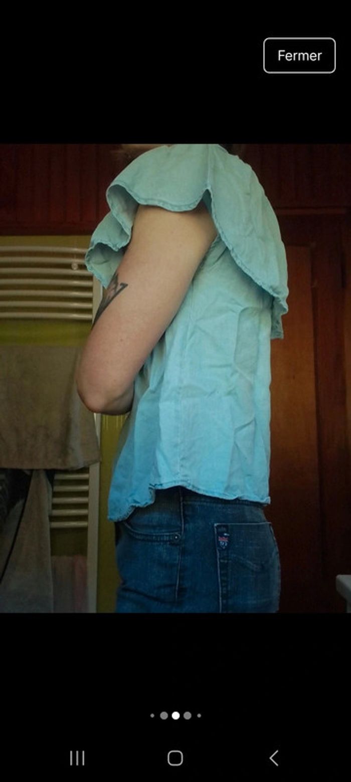 T-shirt épaules dénudées femme bleu clair aspet jeans - photo numéro 9