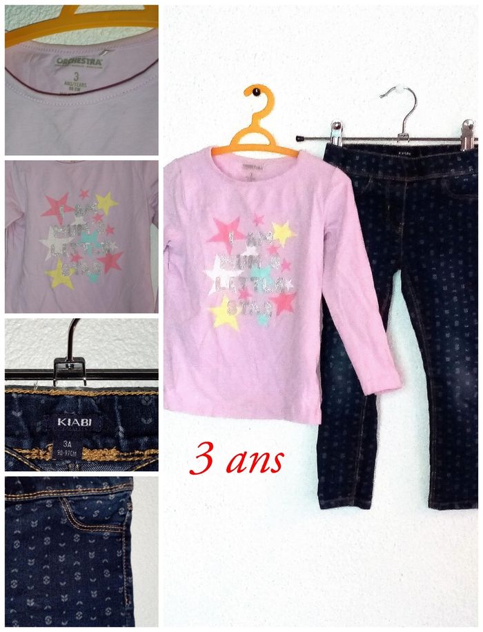 3 ans Ensemble orchestra /kiabi tee-shirts lila et jean imprimer toutes saisons /Excellent état