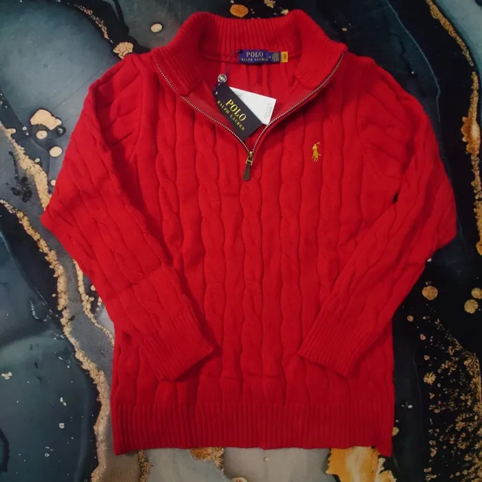 Pull torsadé Half zip Ralph Lauren - Taille M -Rouge logo brodé jaune - Neuf - photo numéro 2