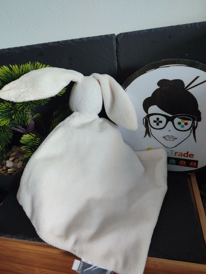 Doudou Lapin Blanc Beige Crème Marron Sergent Major Étoile Mouchoir Plat 3370 - photo numéro 2