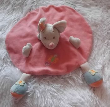 Doudou plat rond souris blanche - rose - Nattou