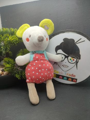 doudou peluche souris pommette salopette pois blanc rouge vert coeur Bleu Noeud