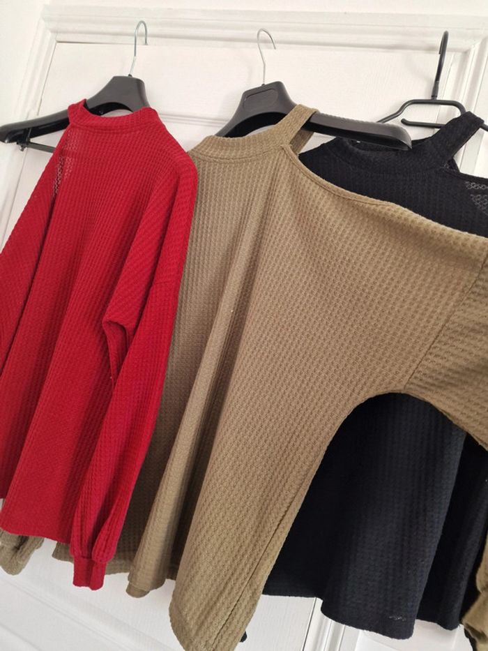 Top maille gaufrée rouge cerise/noir/olive - photo numéro 4