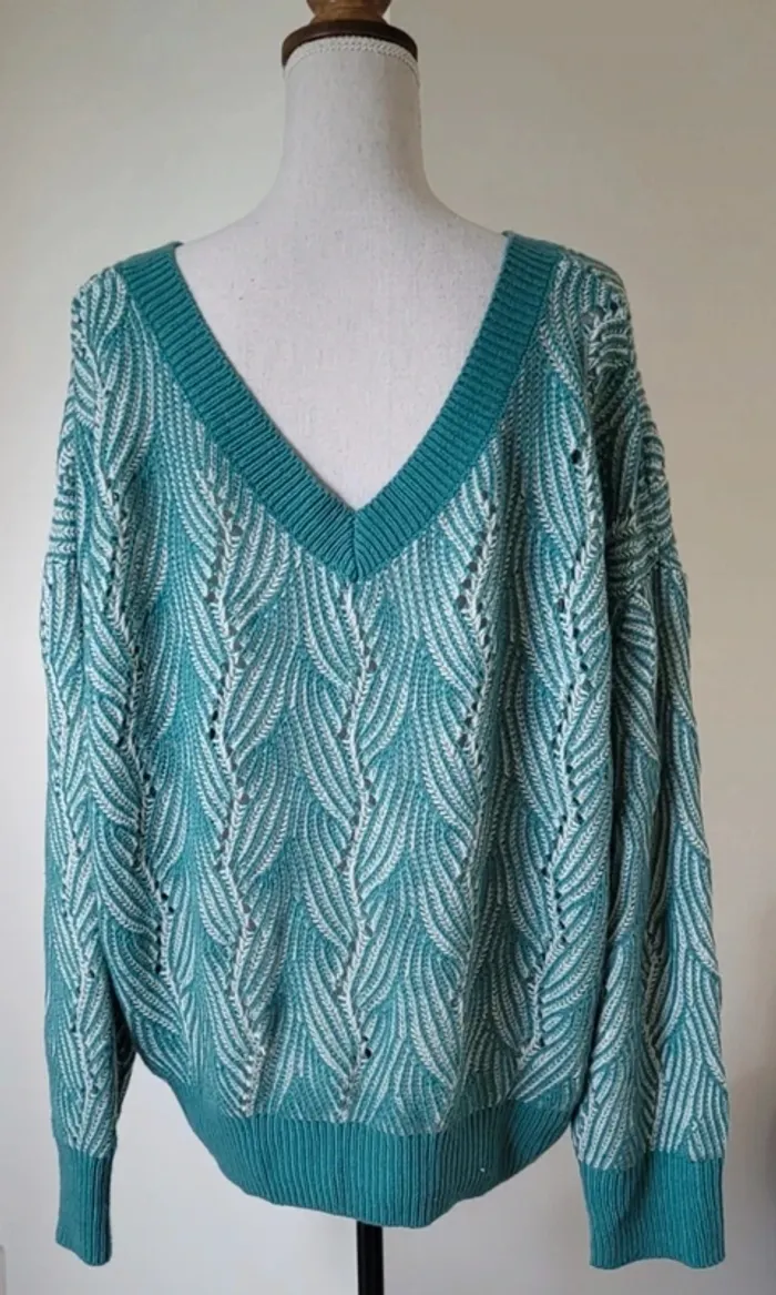 Pull ample col V vert turquoise et blanc Shein curve Taille 2XL ou 50/52 - photo numéro 4