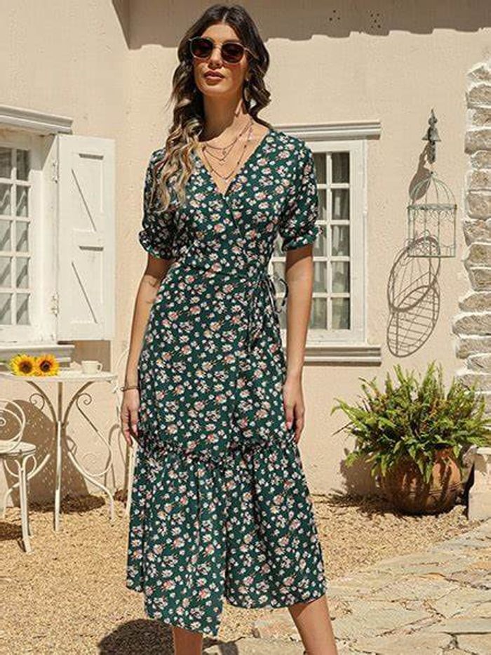Robe Maxi Portefeuille Fleurie à Volants - Vert / XXL - Princesse fleurie - photo numéro 2