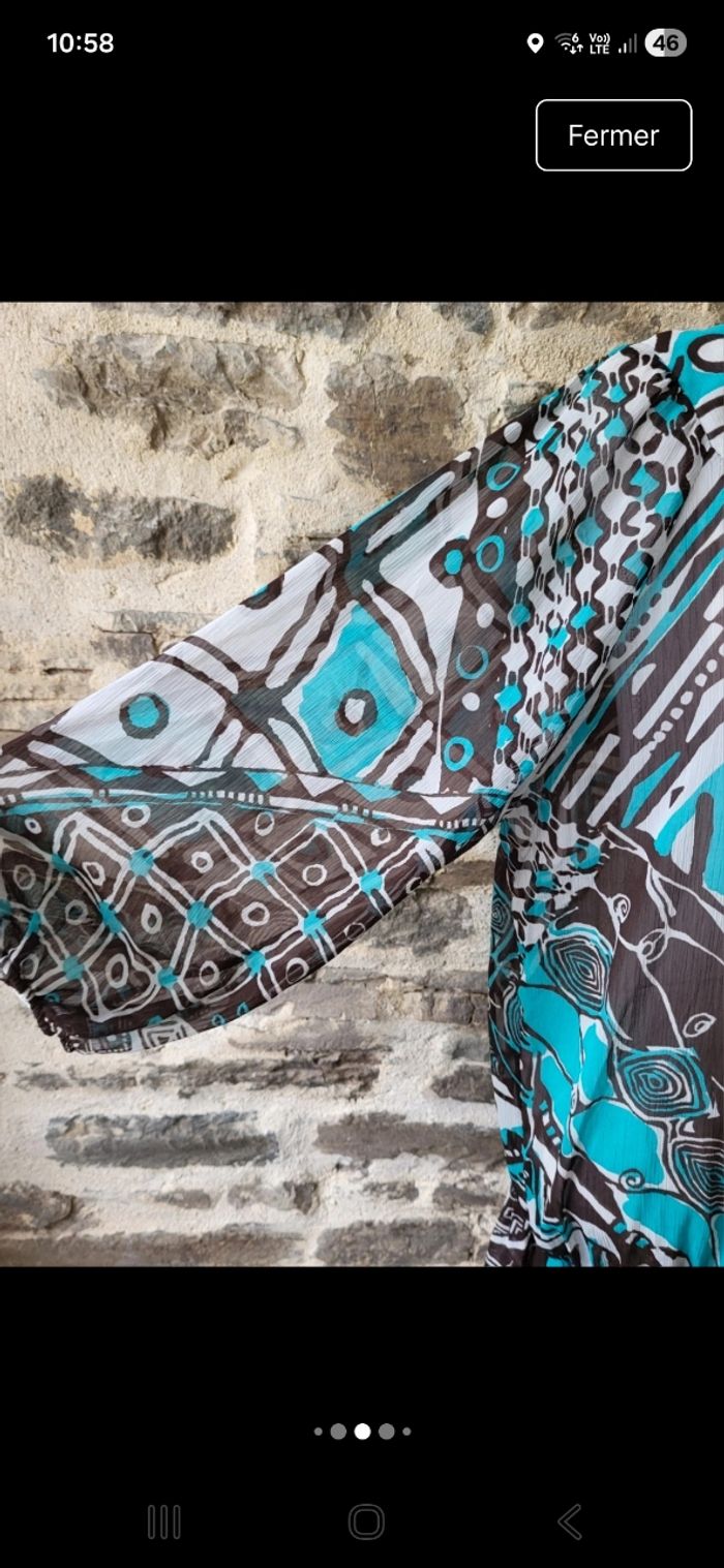 Blouse style tunique bleue turquoise marron et blanche Multiples Taille 5 ou 46 - photo numéro 4
