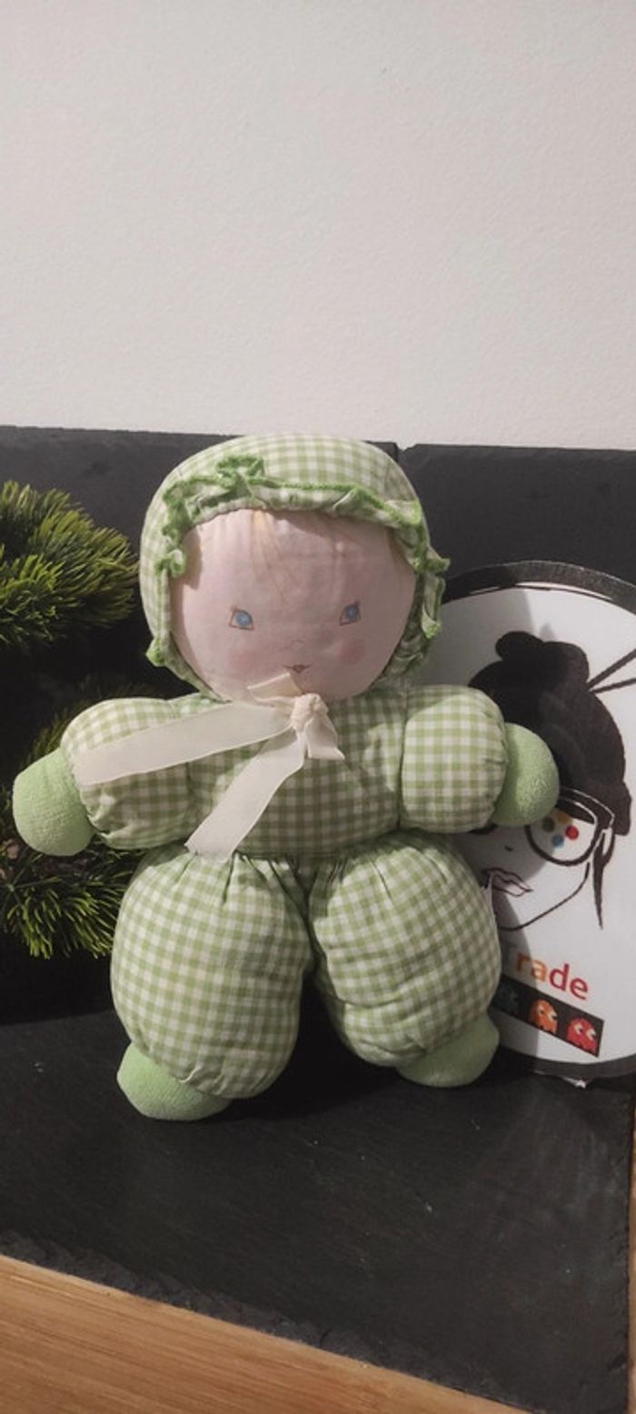 ajena ancienne Poupée tissu vert vichy carreaux vintage 24 cm doudou bonnet