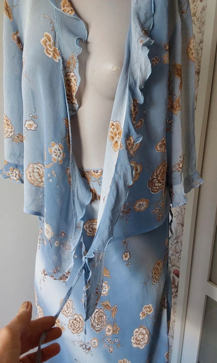 Superbe ensemble fluide Vintage bleu fleuri marron jupe et veste boléro T40 - photo numéro 8